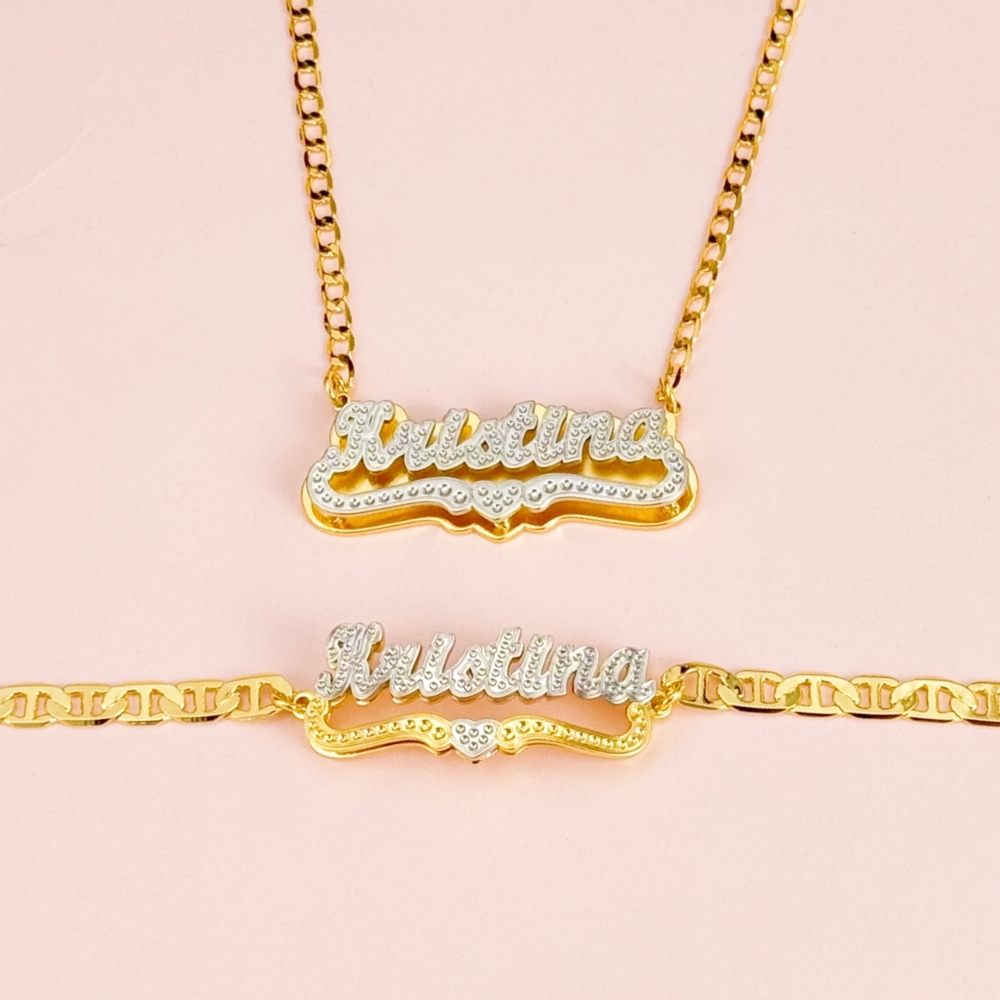 Double Layer Two Tone With Heart Personalized Custom Gold Plated Name Necklace Bracelet Set