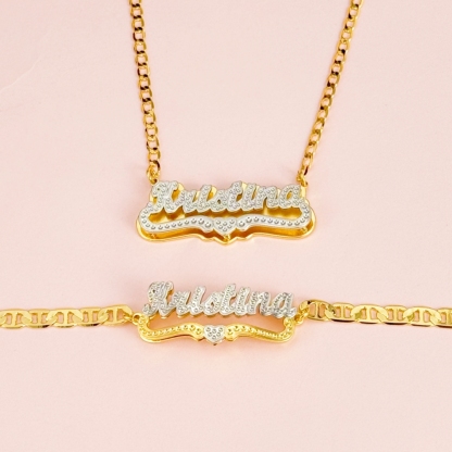 Double Layer Two Tone With Heart Personalized Custom Gold Plated Name Necklace Bracelet Set