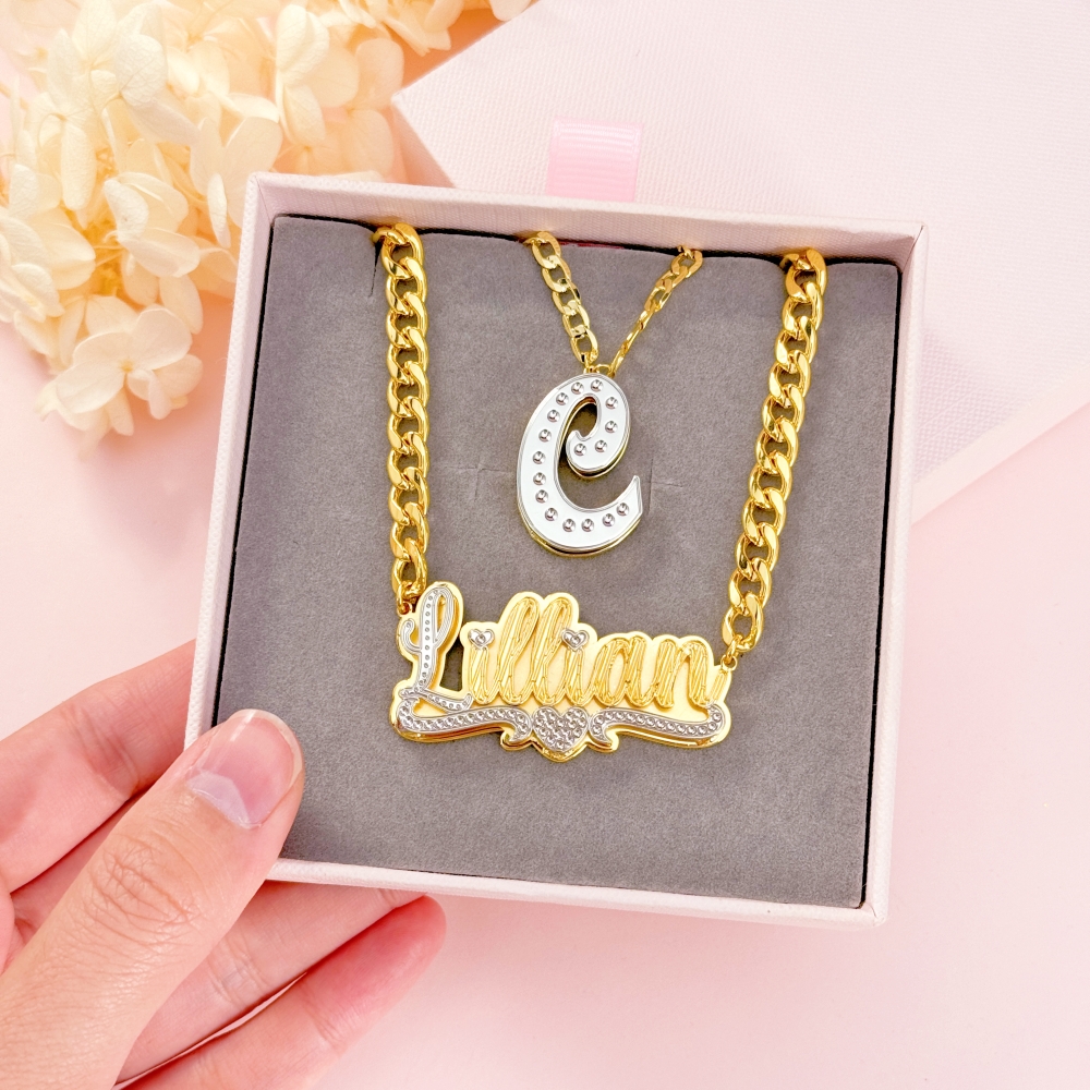Double Layer Two Tone Initial Necklace and 3D Heart Name Necklace Set