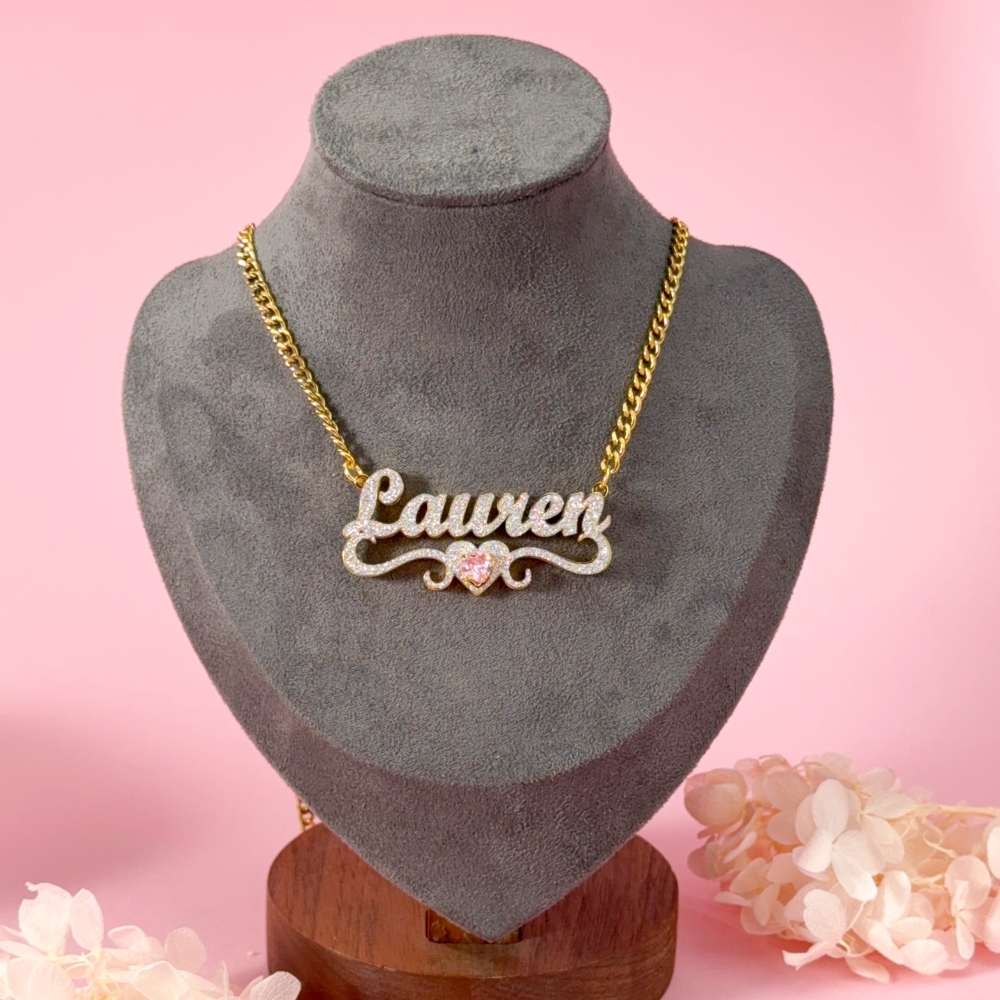Double Layer Shiny Heart Birthstone Custom Name Necklace