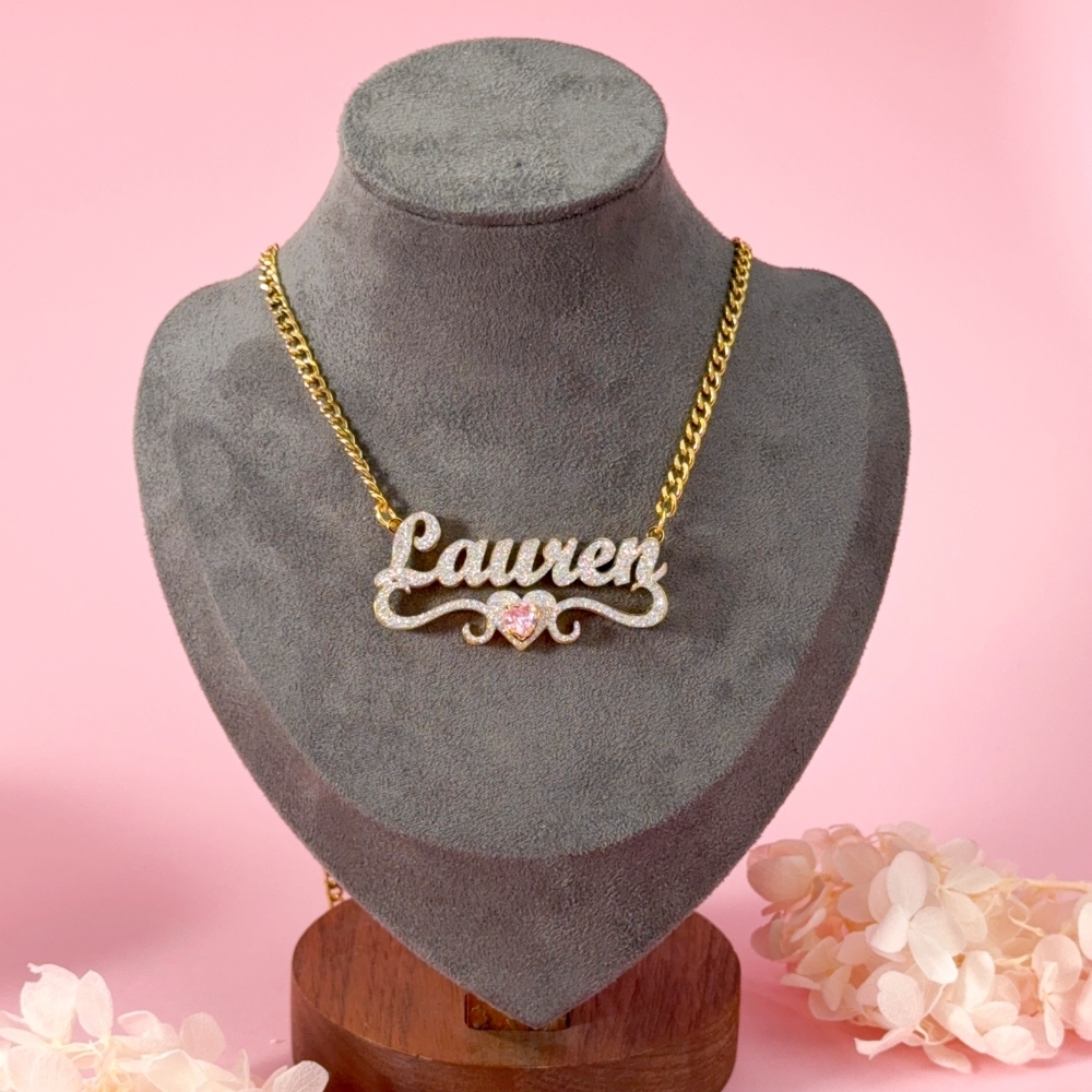 Double Layer Shiny Heart Birthstone Custom Name Necklace