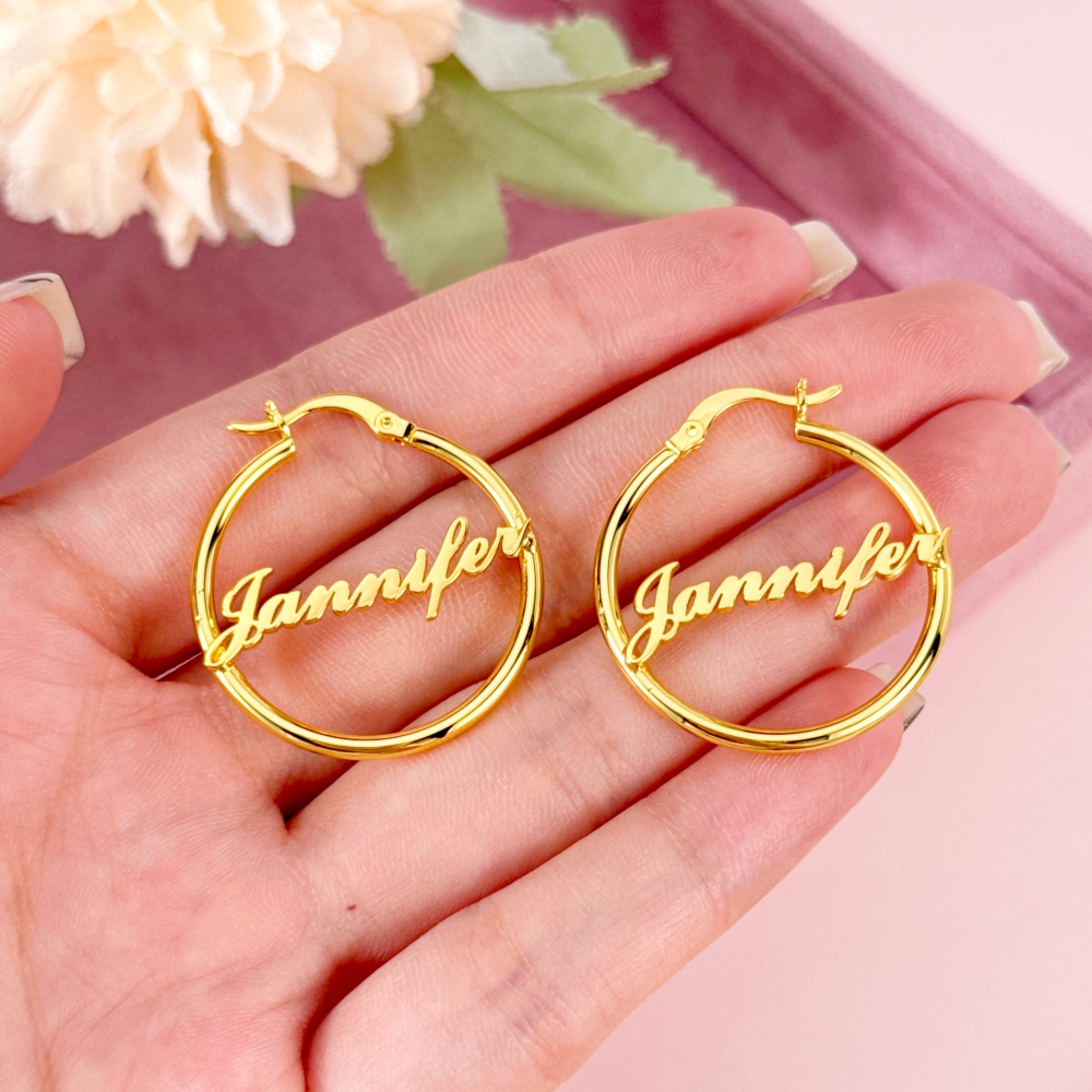 Gold Plated Custom Hoop Name Earrings