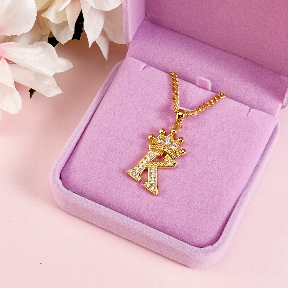 Custom Iced Out Crown A-Z Letter Initial Necklace Hip Hop Style