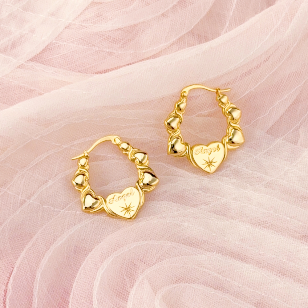 Personalized Love Hearts Engraved Name Earrings Custom Hoop Earrings XO