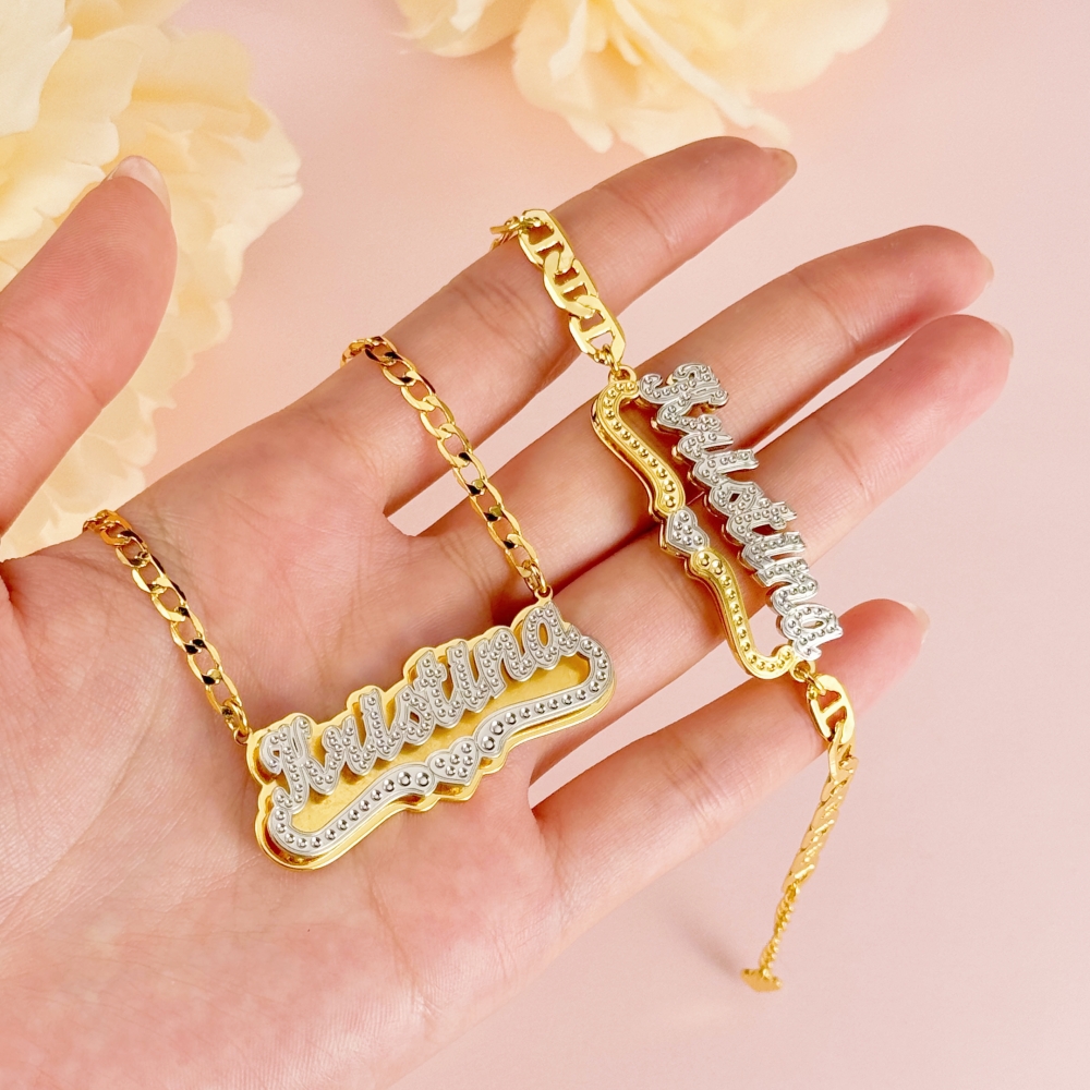 Double Layer Two Tone With Heart Personalized Custom Gold Plated Name Necklace Bracelet Set