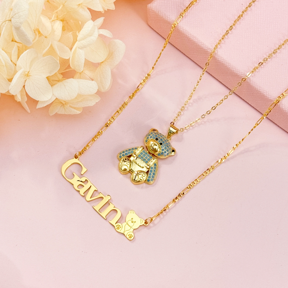 Blue Teddy Bear and Cute Nameplate Pendant Necklace Set Gold Plated