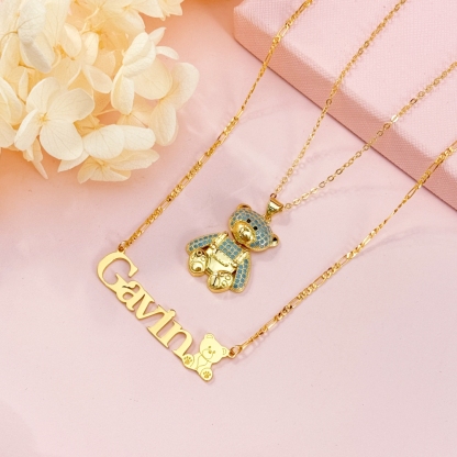 Blue Teddy Bear and Cute Nameplate Pendant Necklace Set Gold Plated