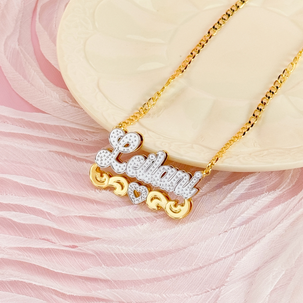 Double Layer Two Tone 3D Nameplate with Heart Personalized Gold Plated Name Necklace