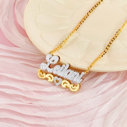 Double Layer Two Tone 3D Nameplate with Heart Personalized Gold Plated Name Necklace