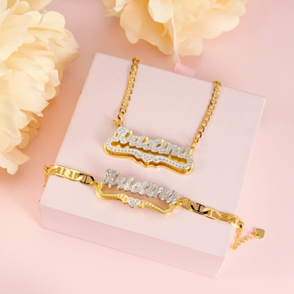 Double Layer Two Tone With Heart Personalized Custom Gold Plated Name Necklace Bracelet Set