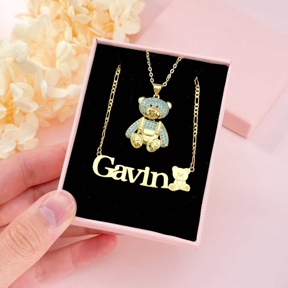 Blue Teddy Bear and Cute Nameplate Pendant Necklace Set Gold Plated