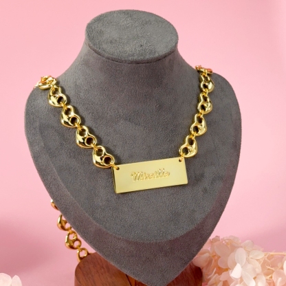Puffed Heart Mariner Link Chain Engraved Nameplate Bar Necklace