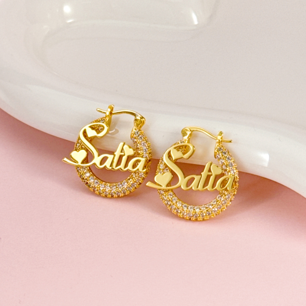 25mm Iced Out Hoop Nameplate Earrings Personalized Name Earrings