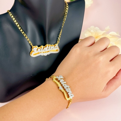 Double Layer Two Tone With Heart Personalized Custom Gold Plated Name Necklace Bracelet Set