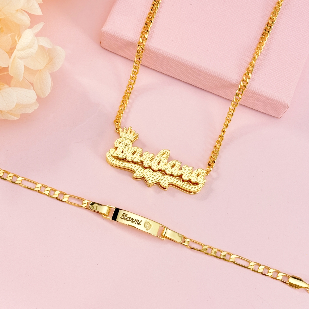 Crwon Heart Double Plate Name Necklace and Baby Feet Print Bracelet Set