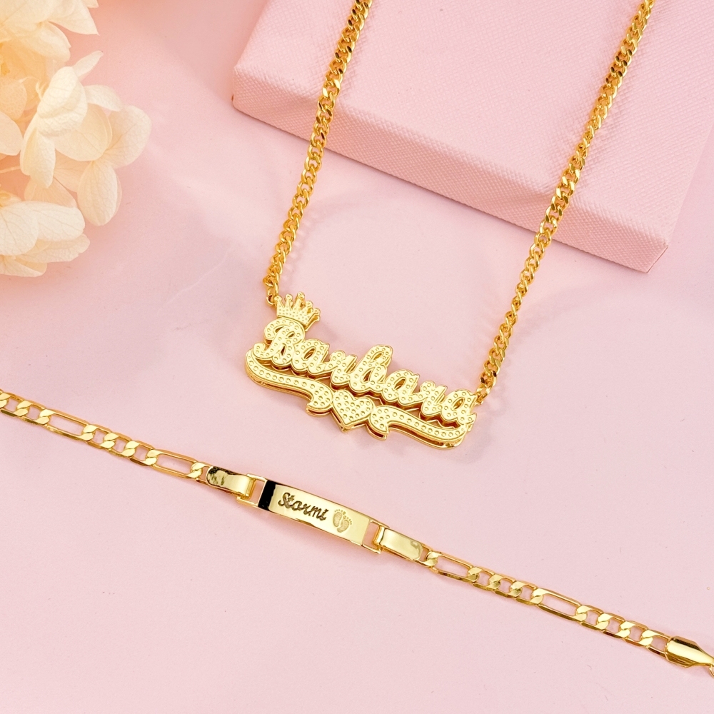 Crwon Heart Double Plate Name Necklace and Baby Feet Print Bracelet Set