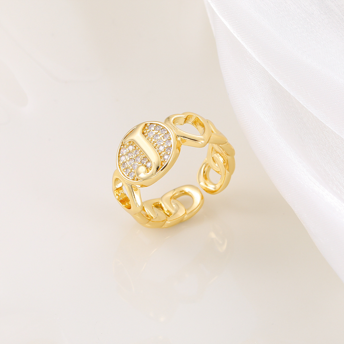 Custom Curb Link Round Shaped Zirconia Initial Ring Gold Plated
