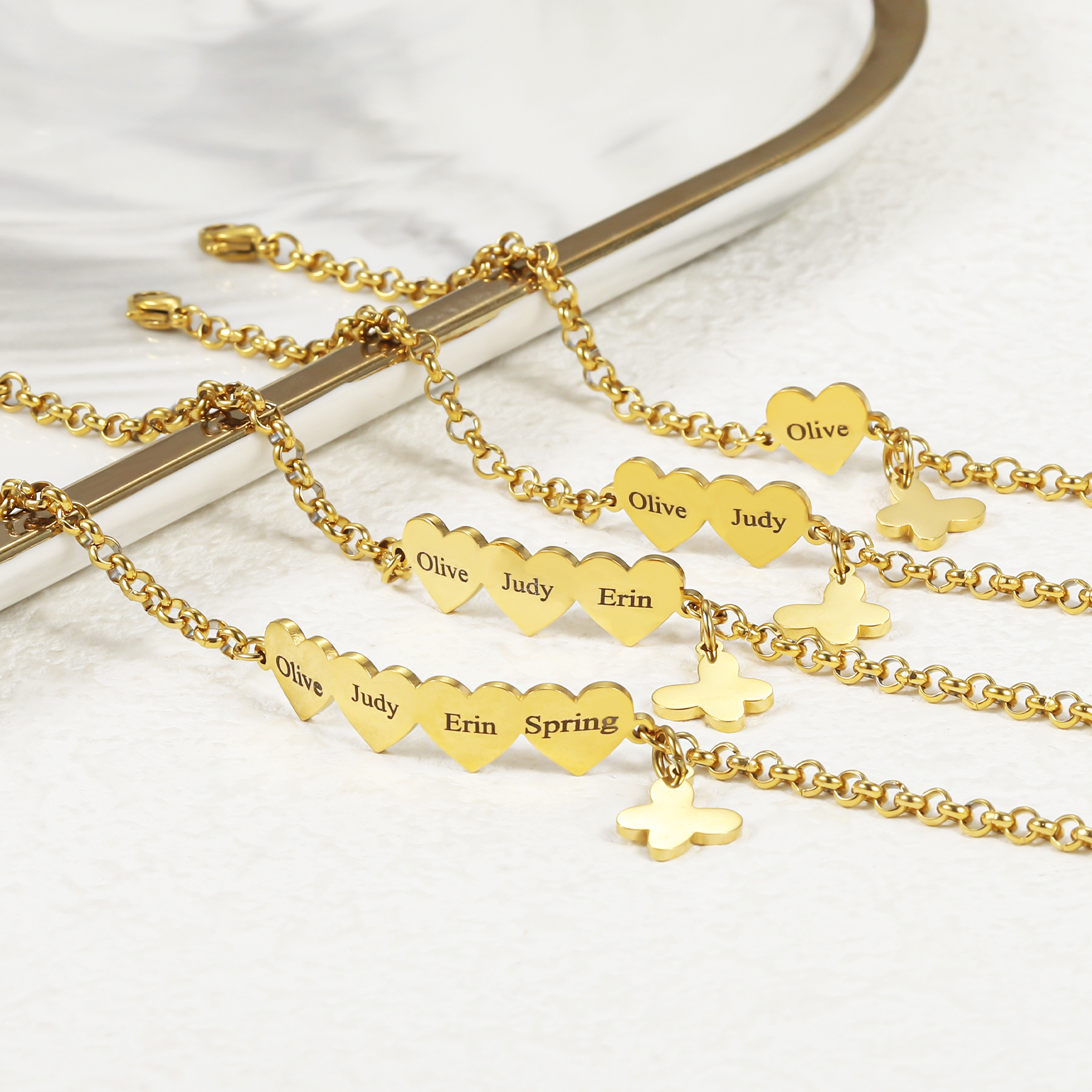 1-5 Heart Names Butterfly Pendant Custom Family Bracelet