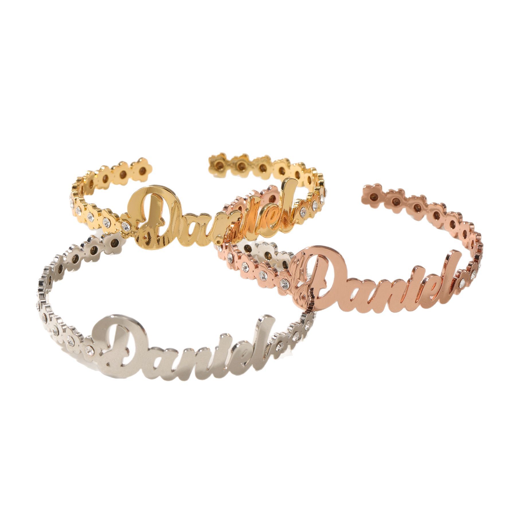 Personalized Flower Zircon Nameplate Bangle Bracelet Gifts For Kids