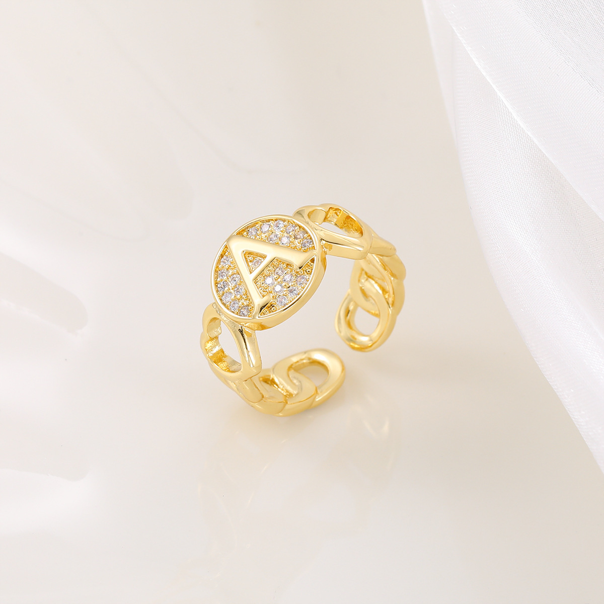 Custom Curb Link Round Shaped Zirconia Initial Ring Gold Plated