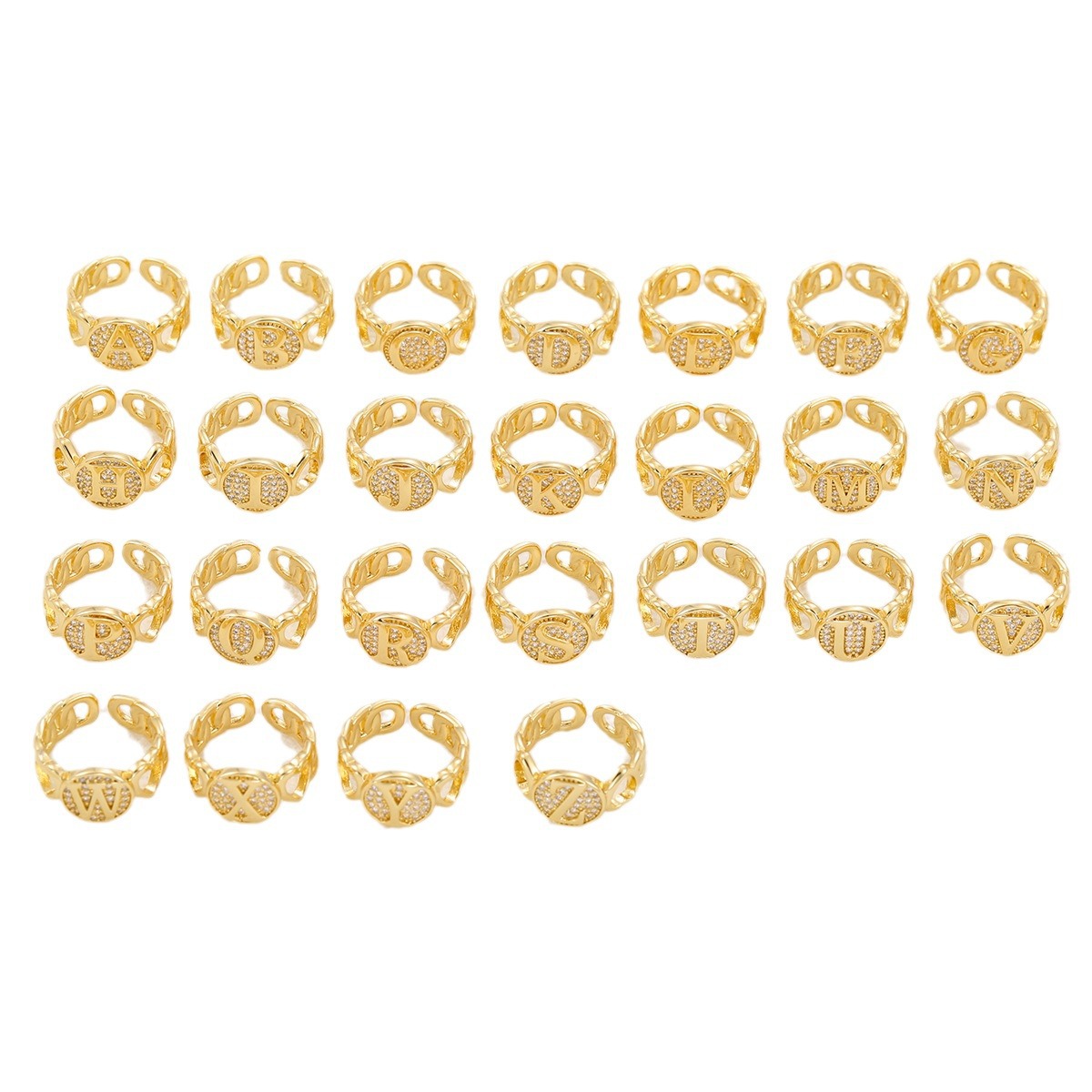 Custom Curb Link Round Shaped Zirconia Initial Ring Gold Plated