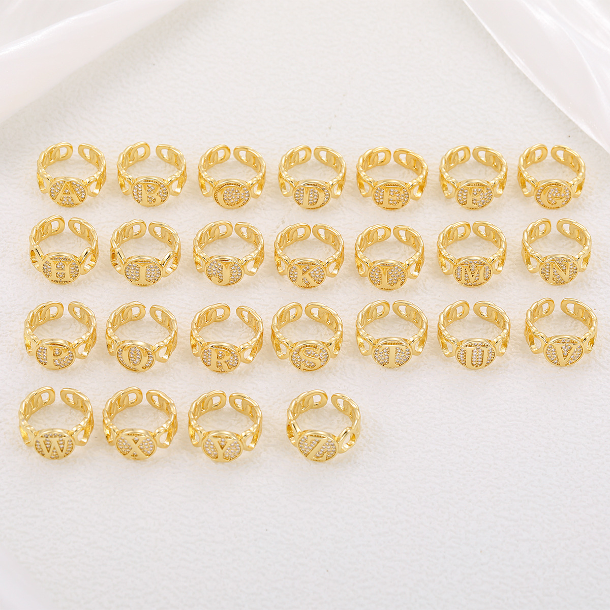 Custom Curb Link Round Shaped Zirconia Initial Ring Gold Plated