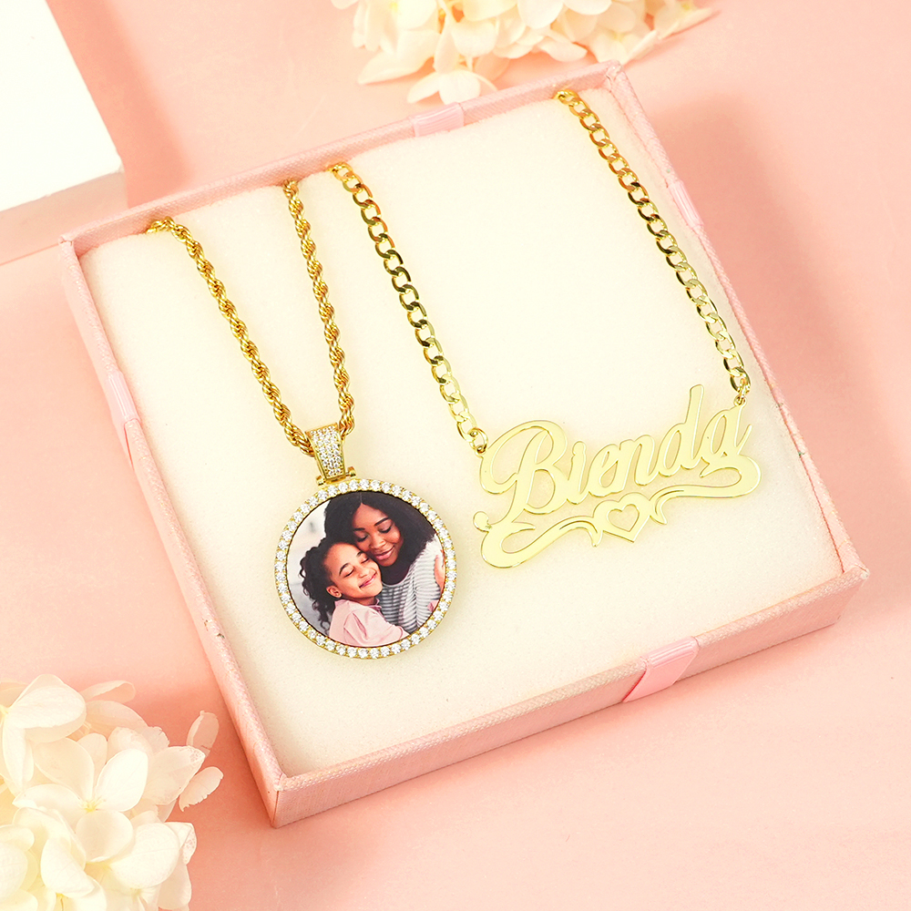 Personalized Photo Medallions Necklace And Hollow Heart Name Necklace Jewelry Set