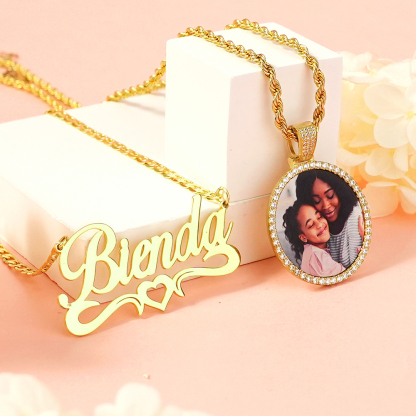 Personalized Photo Medallions Necklace And Hollow Heart Name Necklace Jewelry Set