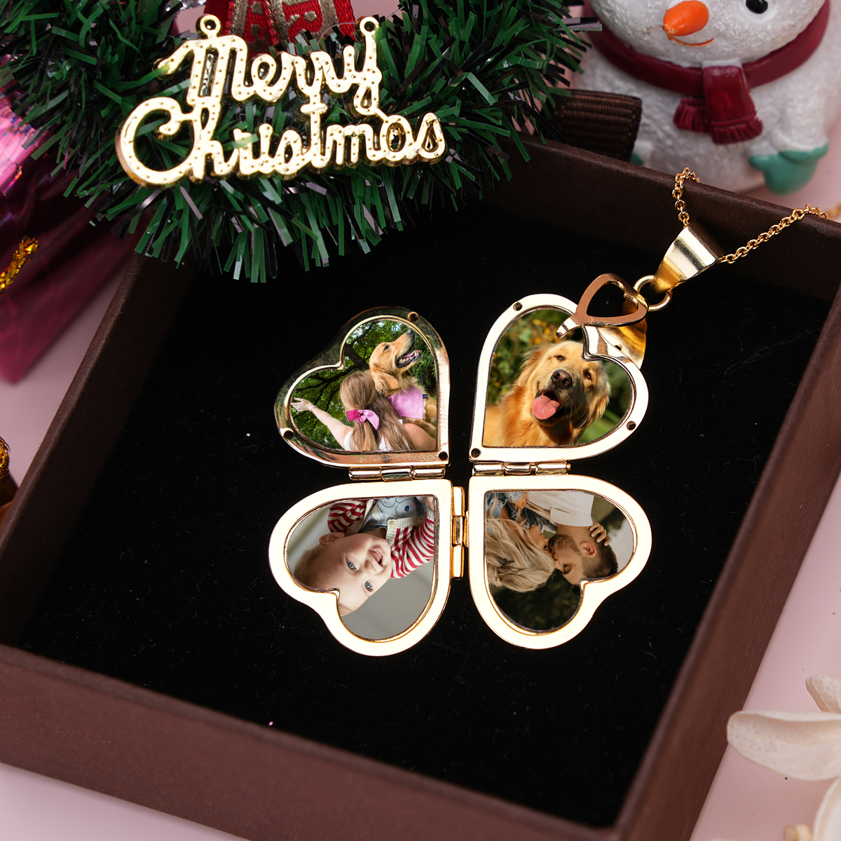 Personalized Gold Plated Four Picture Heart Locket Custom Photo Necklace Anniversary Gift