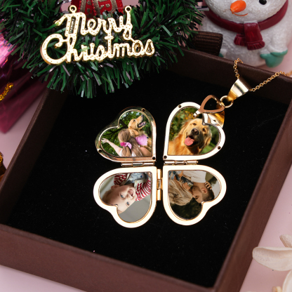 Personalized Gold Plated Four Picture Heart Locket Custom Photo Necklace Anniversary Gift