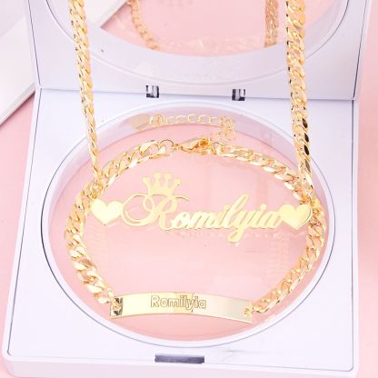 Crown and Double Heart Personalized Name Necklace and Baby Bracelets Set