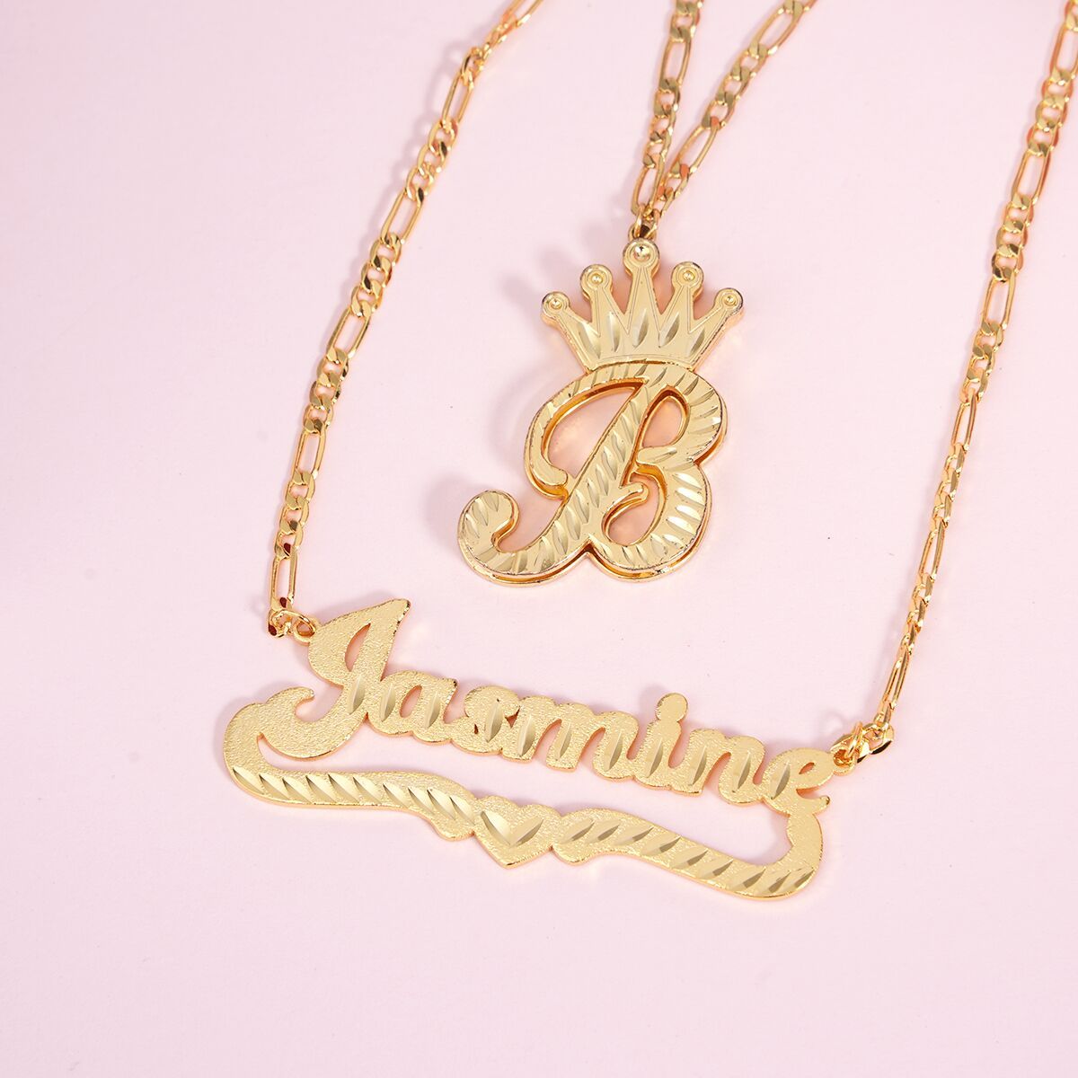 Personalized Diamond Cut Heart Name Necklace And Double Layer Crown Initial Necklace Set