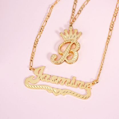 Personalized Diamond Cut Heart Name Necklace And Double Layer Crown Initial Necklace Set