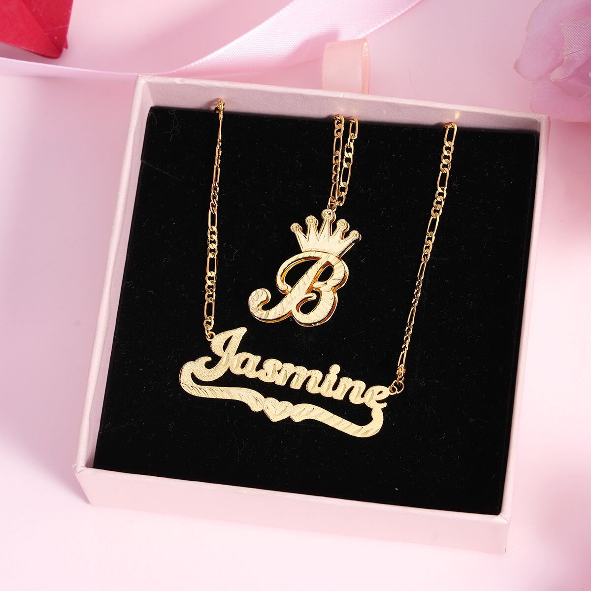 Personalized Diamond Cut Heart Name Necklace And Double Layer Crown Initial Necklace Set