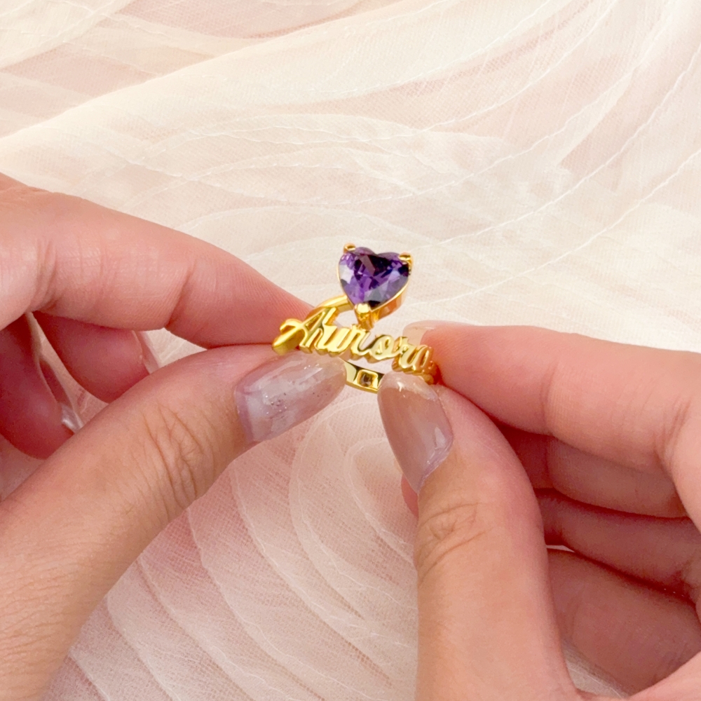 Heart Birthstone Personalized Custom Gold Plated Name Ring Mother Gift
