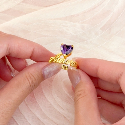 Heart Birthstone Personalized Custom Gold Plated Name Ring Mother Gift