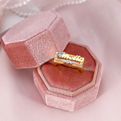 Two Tone Nameplate with Heart Personalized Custom Gold Plated Name Ring