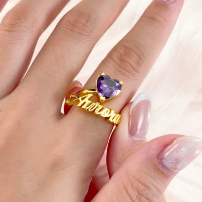 Heart Birthstone Personalized Custom Gold Plated Name Ring Mother Gift