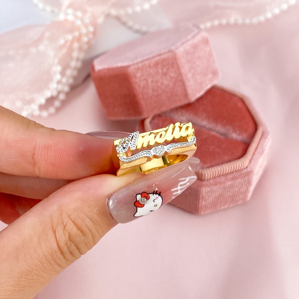 Two Tone Nameplate with Heart Personalized Custom Gold Plated Name Ring