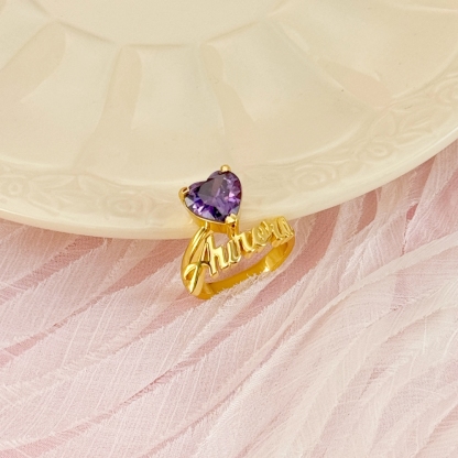 Heart Birthstone Personalized Custom Gold Plated Name Ring Mother Gift