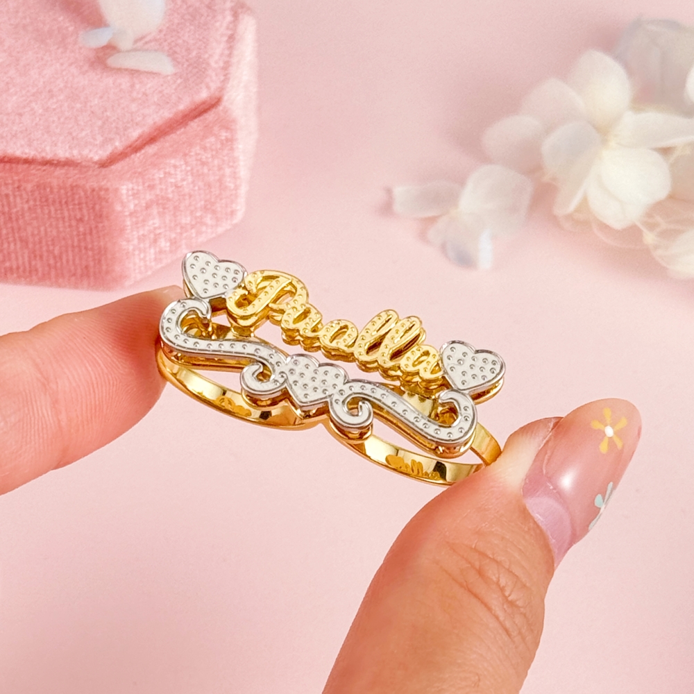Two Tone Two Finger Hearts Name Ring Personalized Double Plated Custom Name Ring
