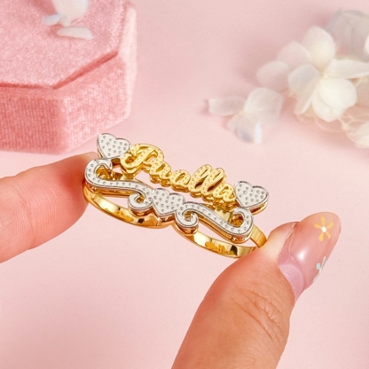 Two Tone Two Finger Hearts Name Ring Personalized Double Plated Custom Name Ring