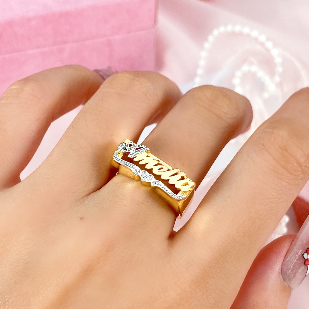 Two Tone Nameplate with Heart Personalized Custom Gold Plated Name Ring
