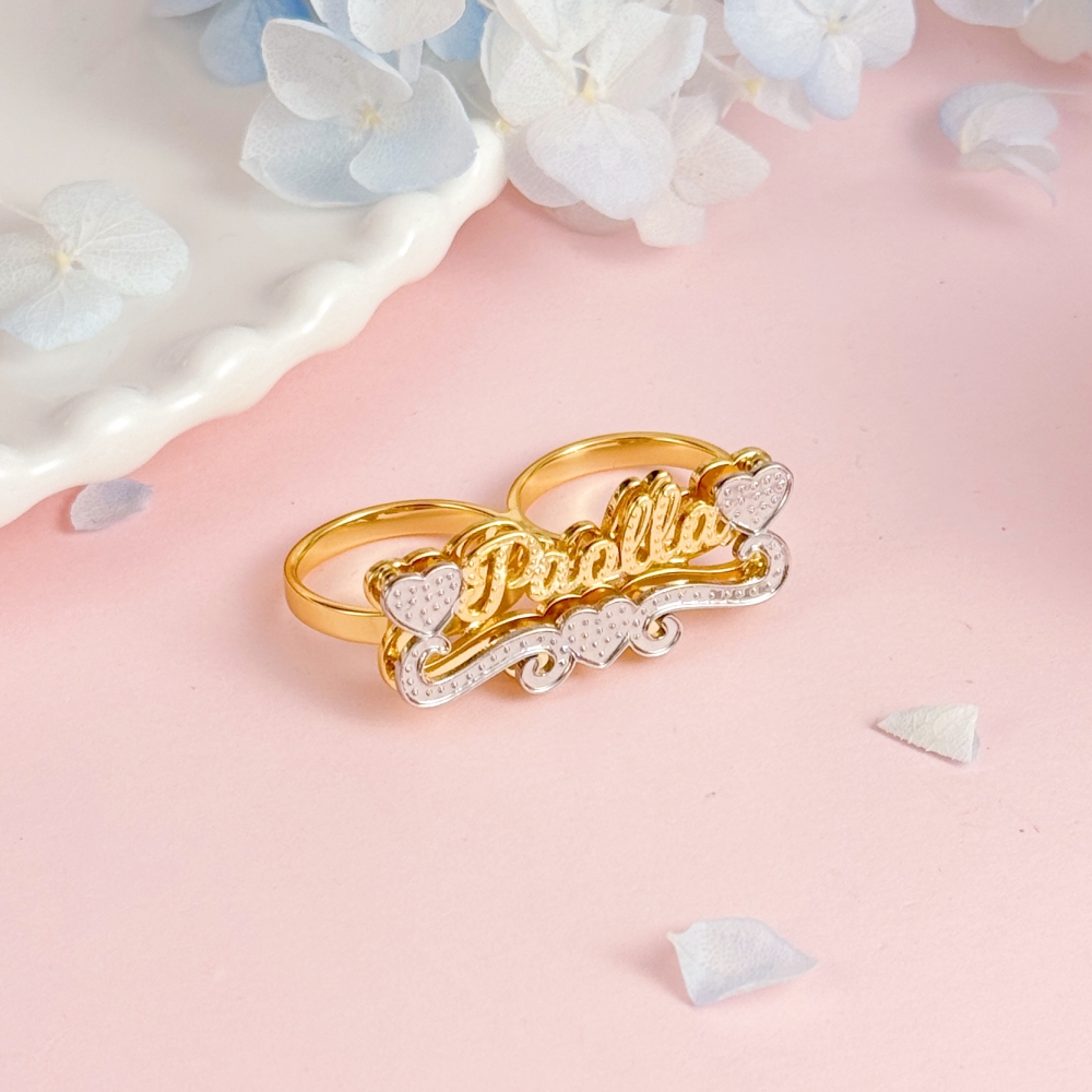Two Tone Two Finger Hearts Name Ring Personalized Double Plated Custom Name Ring