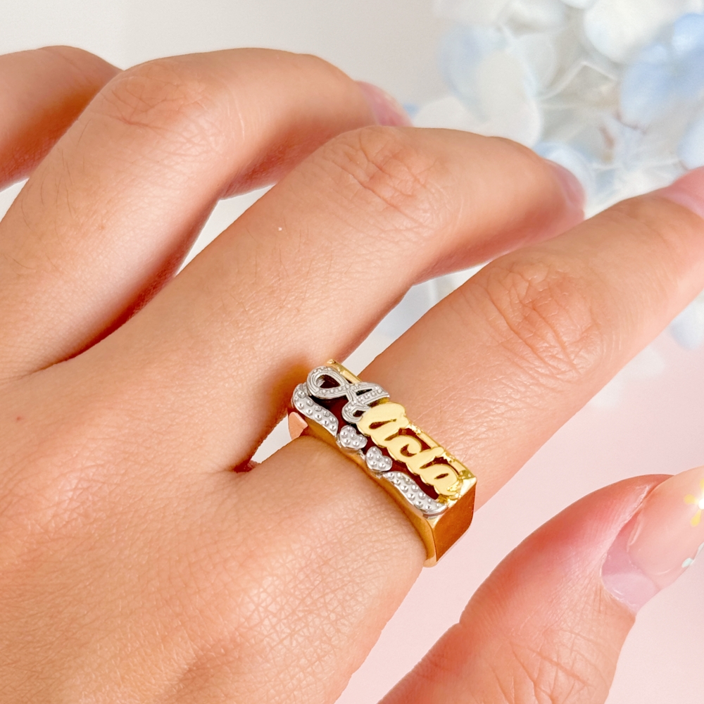 Custom Diamond Cut Two Tone Double Heart Name Ring