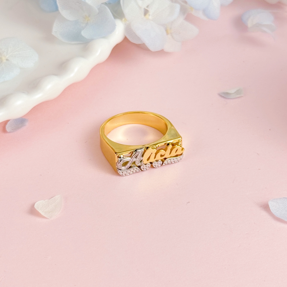 Custom Diamond Cut Two Tone Double Heart Name Ring