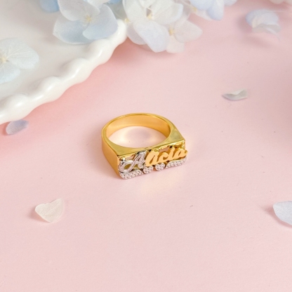 Custom Diamond Cut Two Tone Double Heart Name Ring
