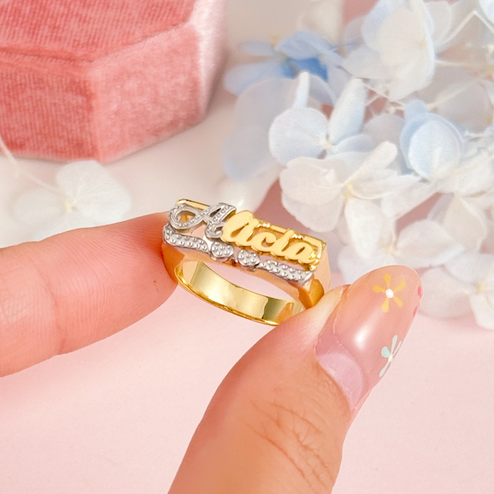 Custom Diamond Cut Two Tone Double Heart Name Ring