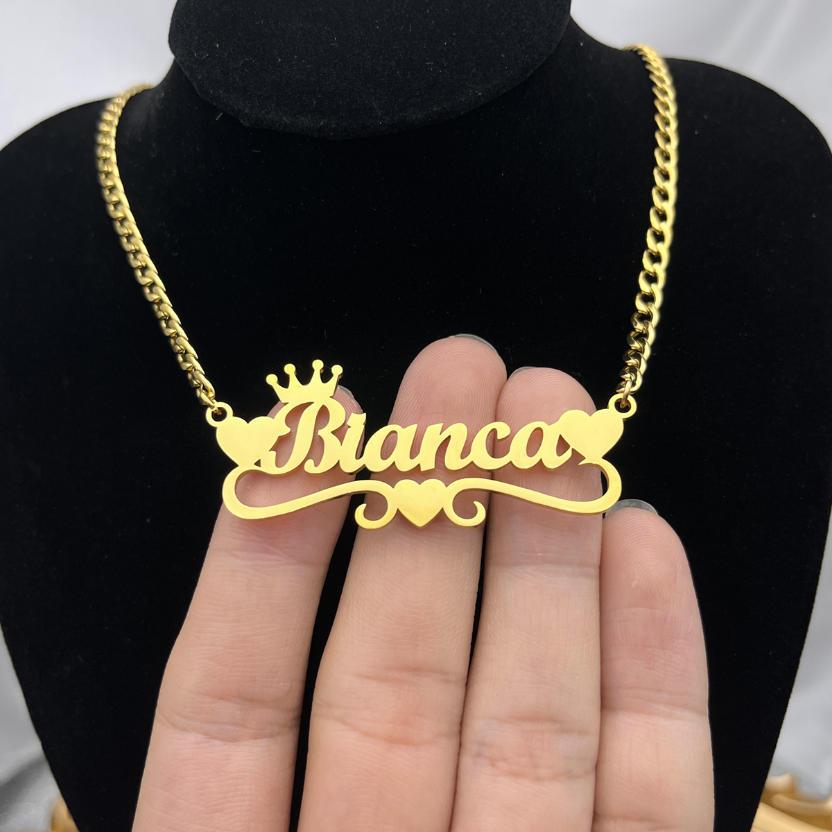 Custom Name Necklace with Heart Crown Personalized Cuban Chain Necklace For Girl