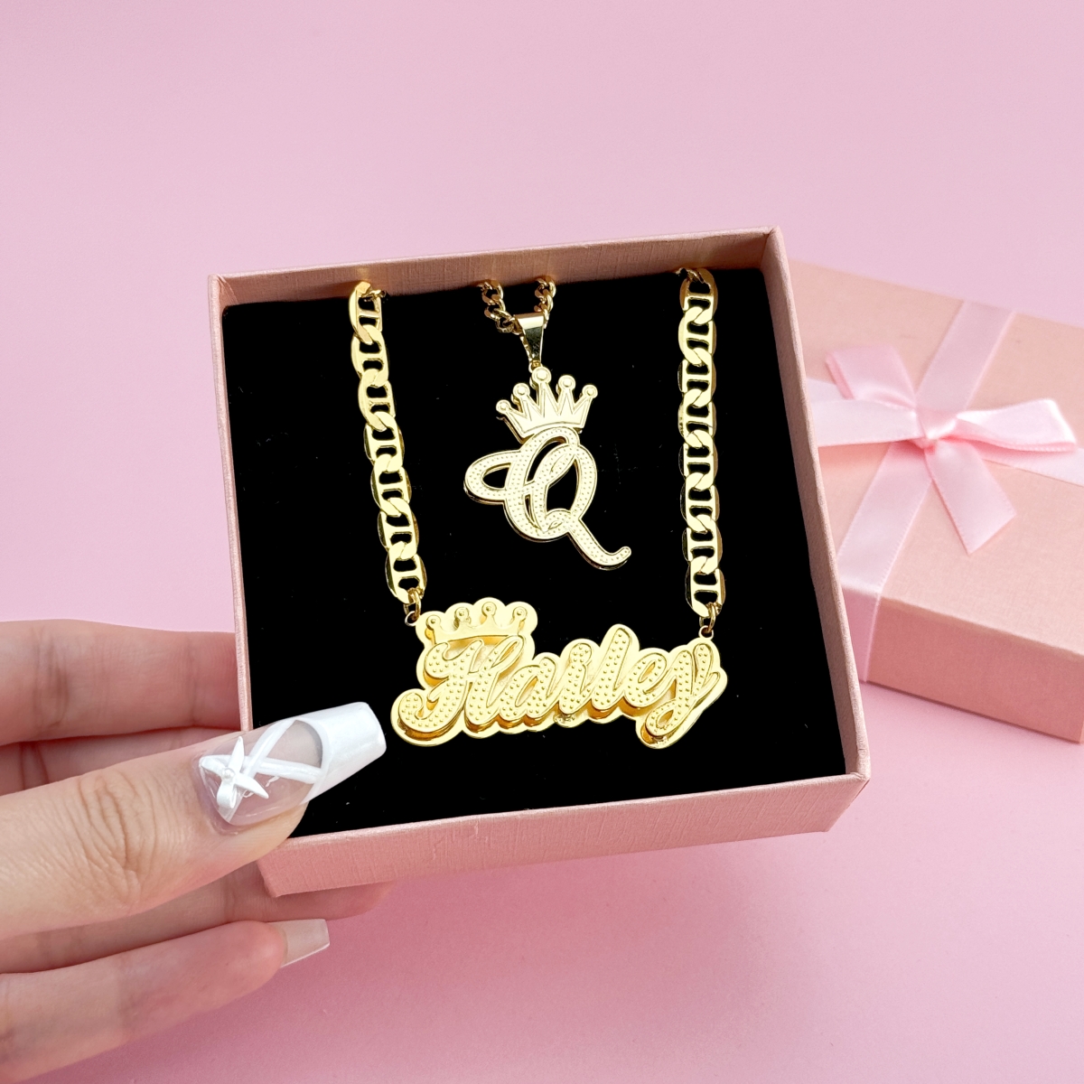 [Copy]Heart Birthstone Double Plate Name Necklace and Shiny Heart Pendant Set